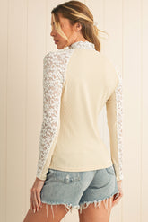 Beige Floral Lace Patchwork Long Sleeve High Neck Slim Top
